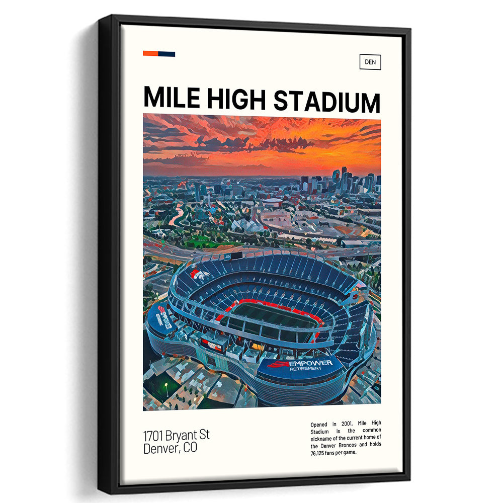Mile High Print, Denver Broncos Stadium Canvas Art, Man Cave Gift, Floating Framed Canvas Print Wall Art