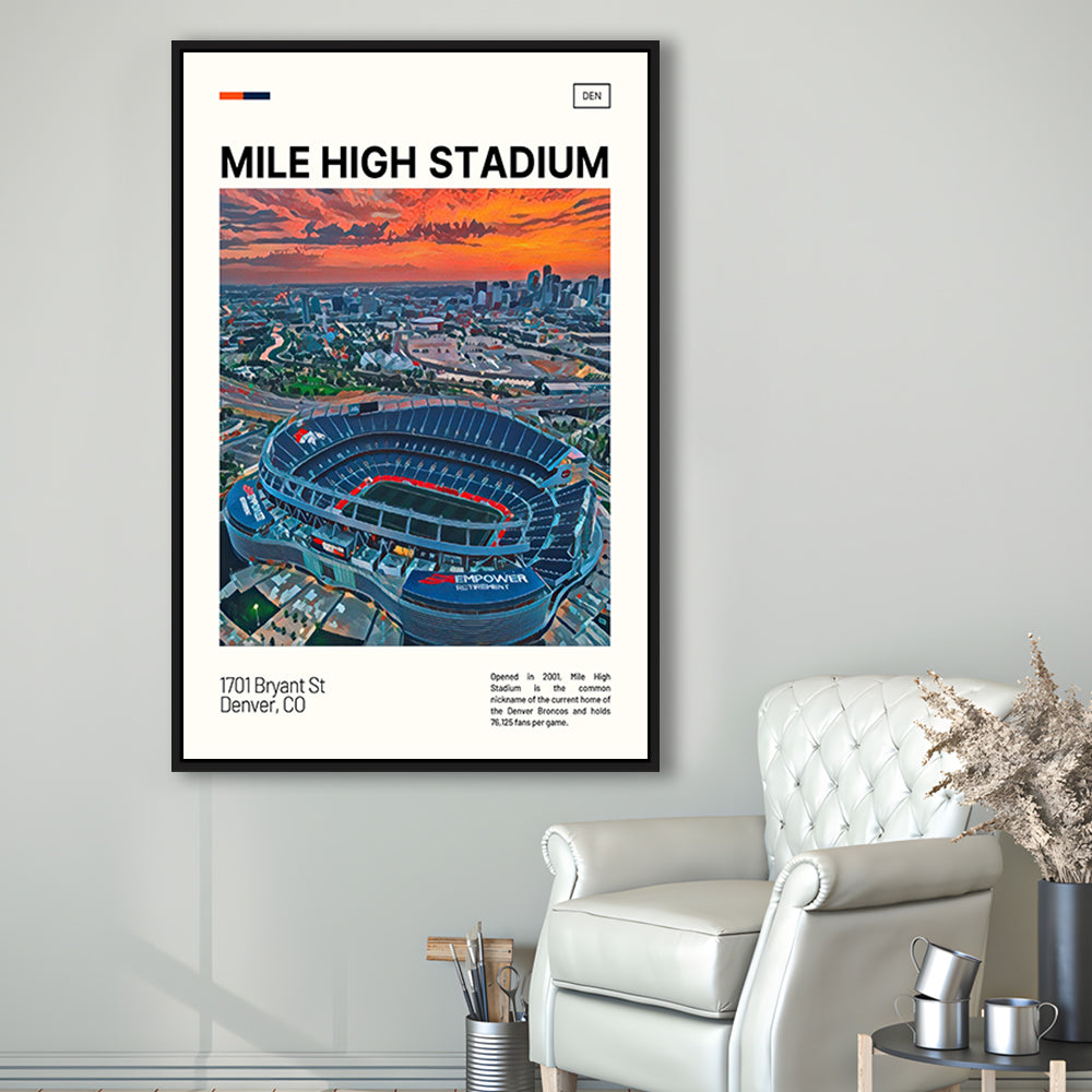 Mile High Print, Denver Broncos Stadium Canvas Art, Man Cave Gift, Floating Framed Canvas Print Wall Art