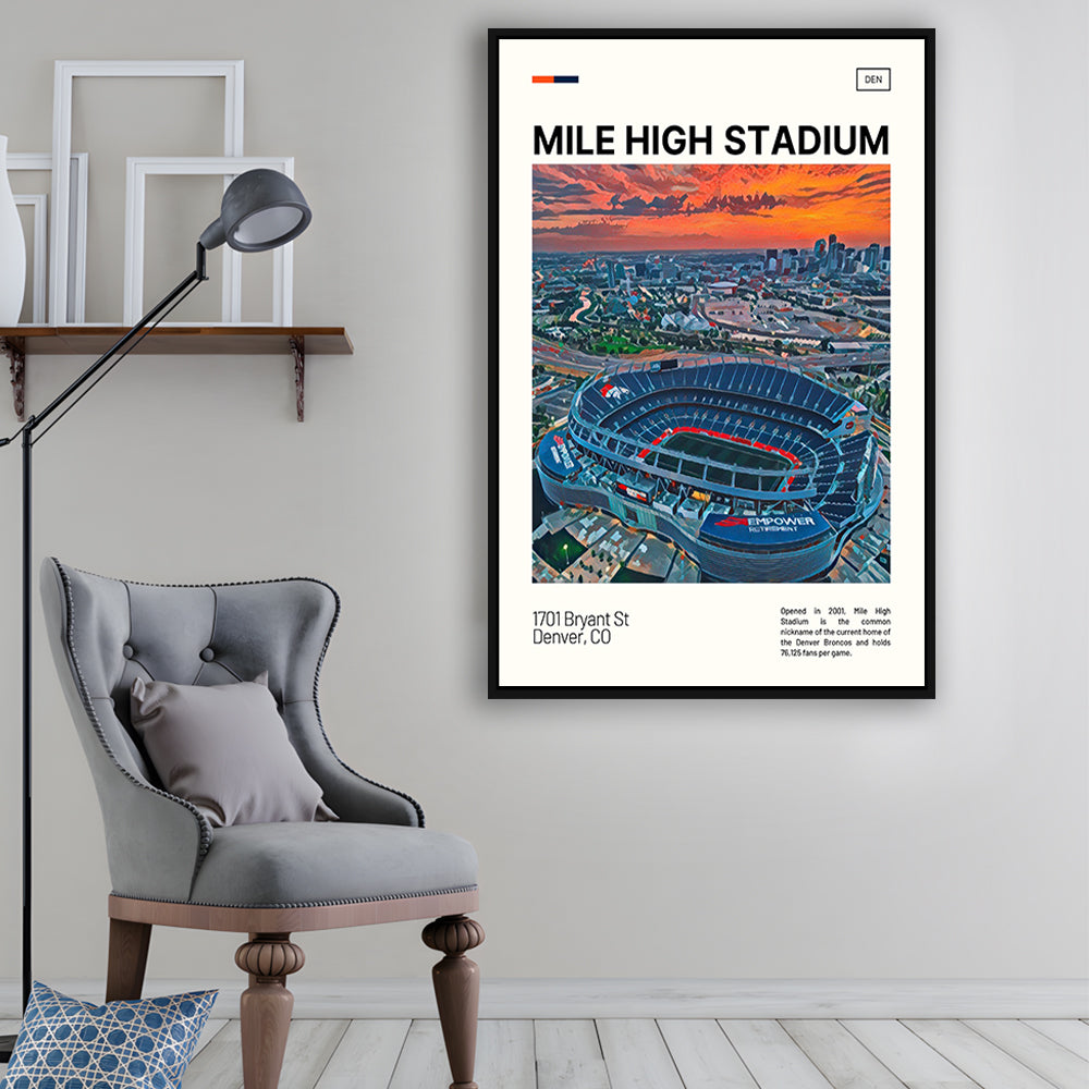 Mile High Print, Denver Broncos Stadium Canvas Art, Man Cave Gift, Floating Framed Canvas Print Wall Art