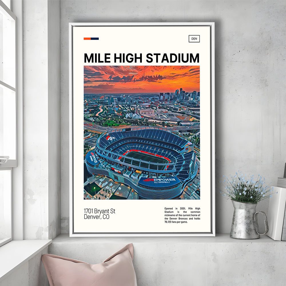 Mile High Print, Denver Broncos Stadium Canvas Art, Man Cave Gift, Floating Framed Canvas Print Wall Art