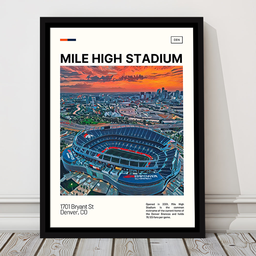 Mile High Print, Denver Broncos Stadium Canvas Art, Man Cave Gift, Floating Framed Canvas Print Wall Art