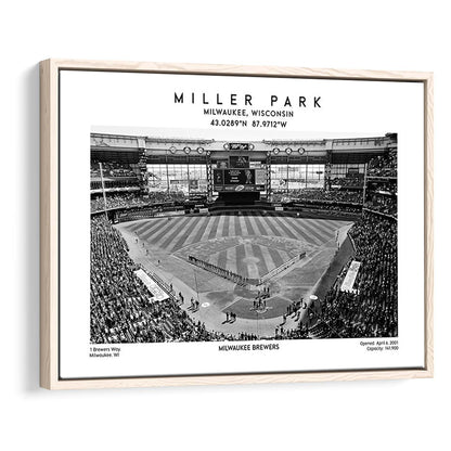 Miller Park Stadium Black And White, Milwaukee Brewers Baseball Stadium Wall Art Print, Framed Canvas Print Wall Art
