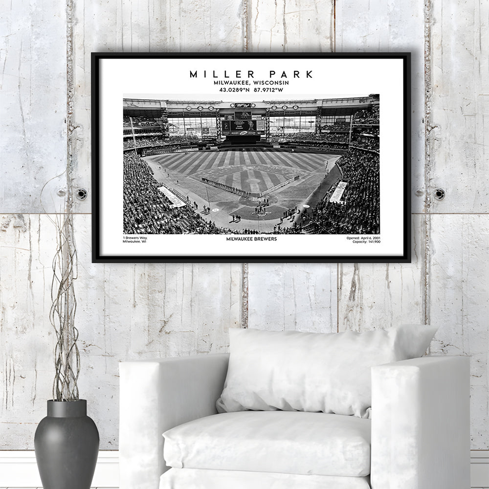 Miller Park Stadium Black And White, Milwaukee Brewers Baseball Stadium Wall Art Print, Framed Canvas Print Wall Art
