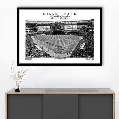 Miller Park Stadium Black And White, Milwaukee Brewers Baseball Stadium Wall Art Print, Framed Art Print Wall Decor