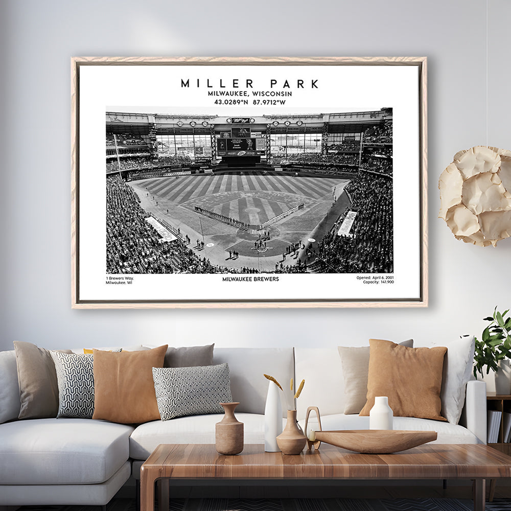 Miller Park Stadium Black And White, Milwaukee Brewers Baseball Stadium Wall Art Print, Framed Canvas Print Wall Art