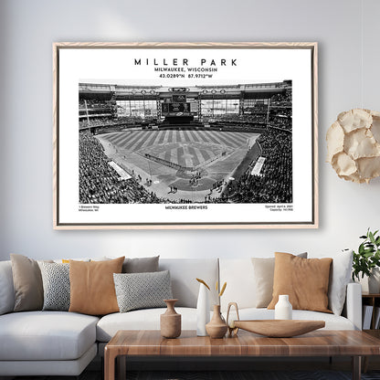 Miller Park Stadium Black And White, Milwaukee Brewers Baseball Stadium Wall Art Print, Framed Canvas Print Wall Art
