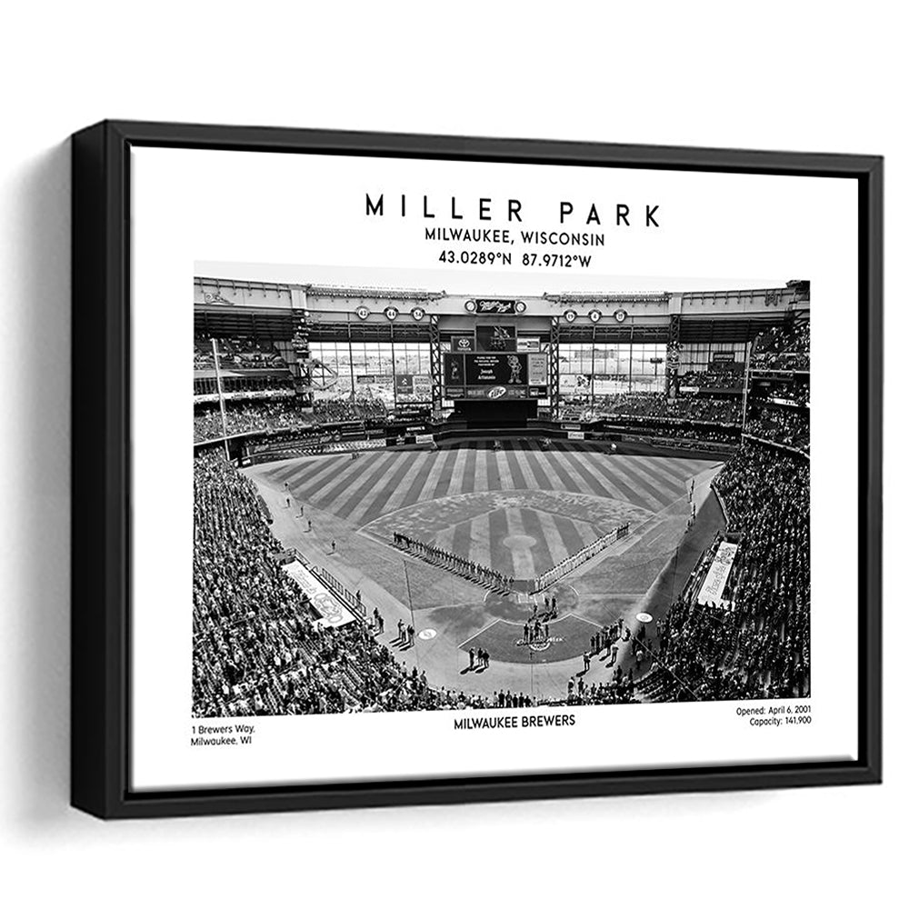 Miller Park Stadium Black And White, Milwaukee Brewers Baseball Stadium Wall Art Print, Framed Canvas Print Wall Art