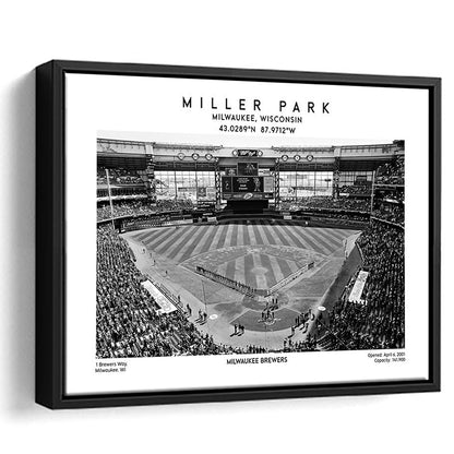 Miller Park Stadium Black And White, Milwaukee Brewers Baseball Stadium Wall Art Print, Framed Canvas Print Wall Art