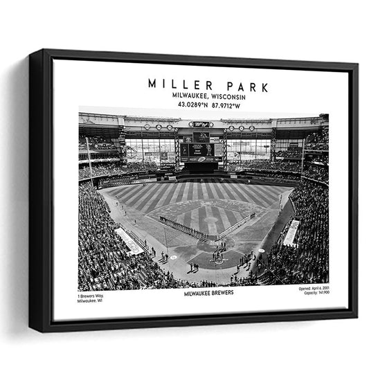 Miller Park Stadium Black And White, Milwaukee Brewers Baseball Stadium Wall Art Print, Framed Canvas Print Wall Art