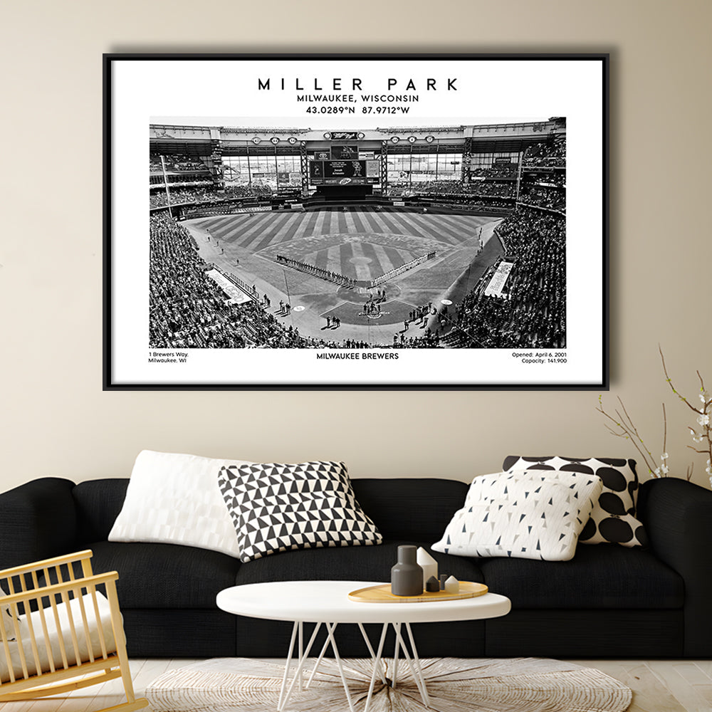 Miller Park Stadium Black And White, Milwaukee Brewers Baseball Stadium Wall Art Print, Framed Canvas Print Wall Art