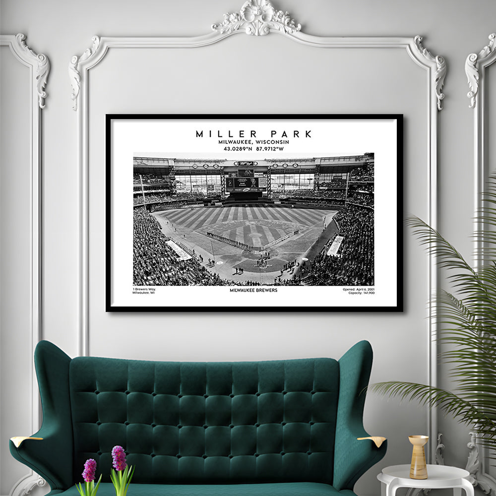 Miller Park Stadium Black And White, Milwaukee Brewers Baseball Stadium Wall Art Print, Framed Art Print Wall Decor