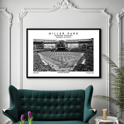 Miller Park Stadium Black And White, Milwaukee Brewers Baseball Stadium Wall Art Print, Framed Art Print Wall Decor