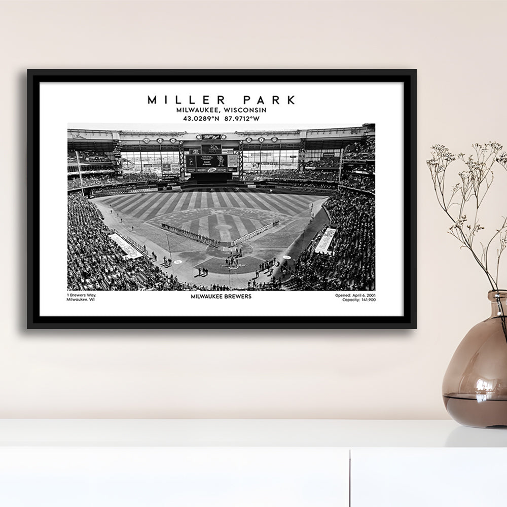 Miller Park Stadium Black And White, Milwaukee Brewers Baseball Stadium Wall Art Print, Framed Canvas Print Wall Art