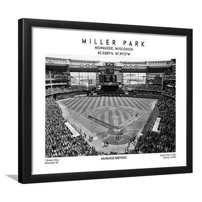 Miller Park Stadium Black And White, Milwaukee Brewers Baseball Stadium Wall Art Print, Framed Art Print Wall Decor