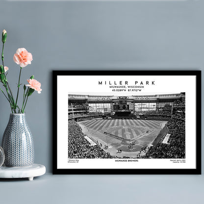 Miller Park Stadium Black And White, Milwaukee Brewers Baseball Stadium Wall Art Print, Framed Art Print Wall Decor