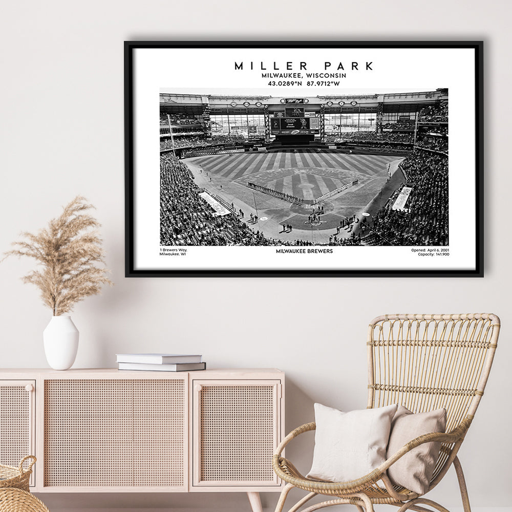 Miller Park Stadium Black And White, Milwaukee Brewers Baseball Stadium Wall Art Print, Framed Canvas Print Wall Art