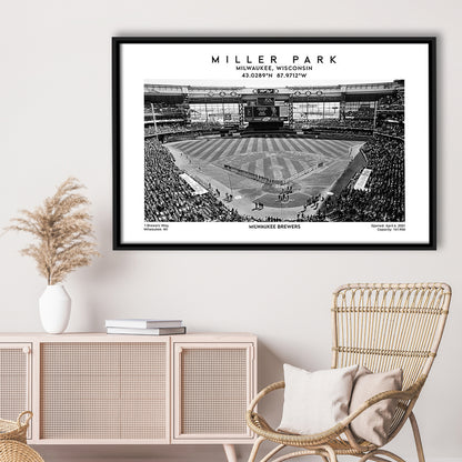 Miller Park Stadium Black And White, Milwaukee Brewers Baseball Stadium Wall Art Print, Framed Canvas Print Wall Art