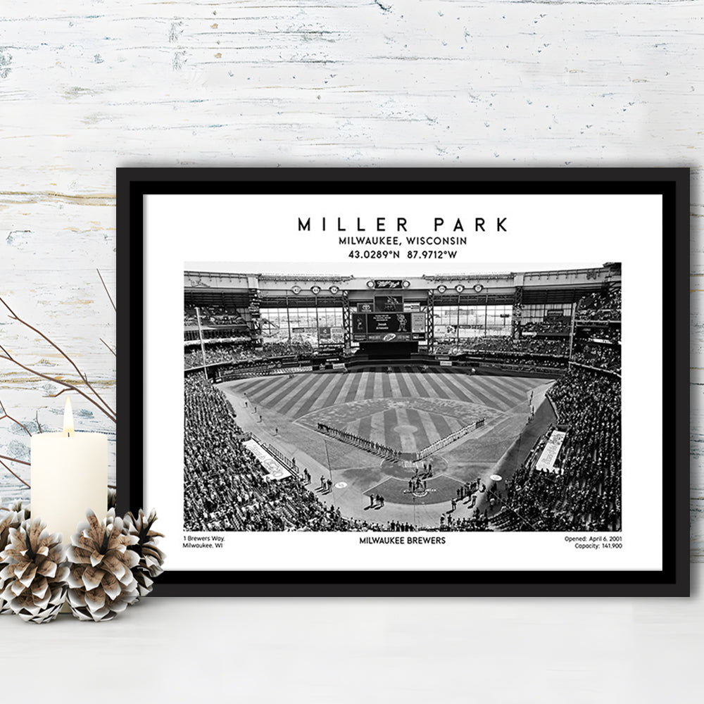Miller Park Stadium Black And White, Milwaukee Brewers Baseball Stadium Wall Art Print, Framed Canvas Print Wall Art