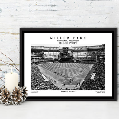 Miller Park Stadium Black And White, Milwaukee Brewers Baseball Stadium Wall Art Print, Framed Canvas Print Wall Art