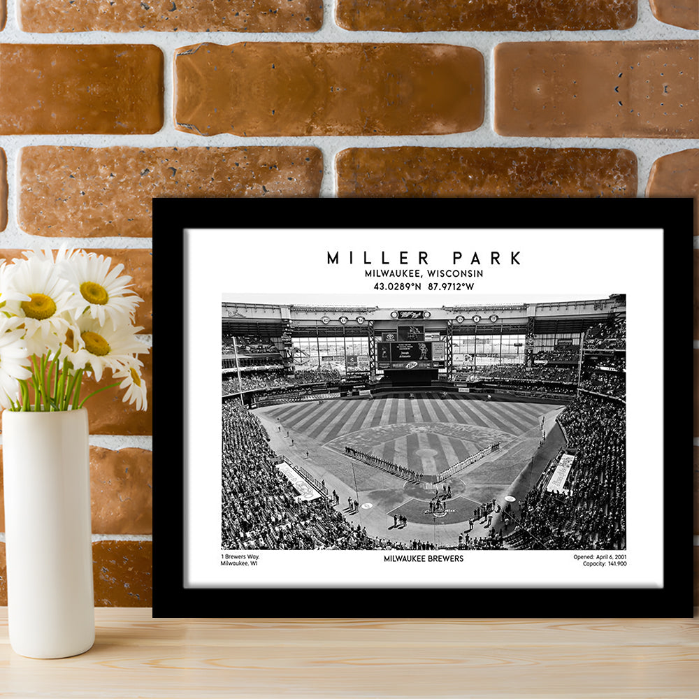 Miller Park Stadium Black And White, Milwaukee Brewers Baseball Stadium Wall Art Print, Framed Art Print Wall Decor