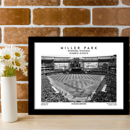 Miller Park Stadium Black And White, Milwaukee Brewers Baseball Stadium Wall Art Print, Framed Art Print Wall Decor