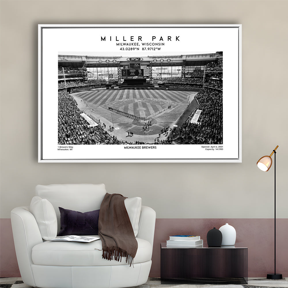 Miller Park Stadium Black And White, Milwaukee Brewers Baseball Stadium Wall Art Print, Framed Canvas Print Wall Art