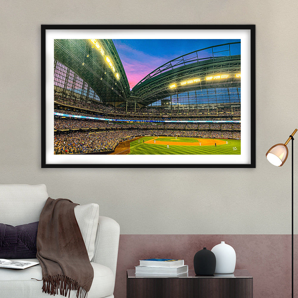 Miller Park Stadium, Stadium Canvas, Sport Art, Gift for him, White Border Framed Art Print Wall Decor