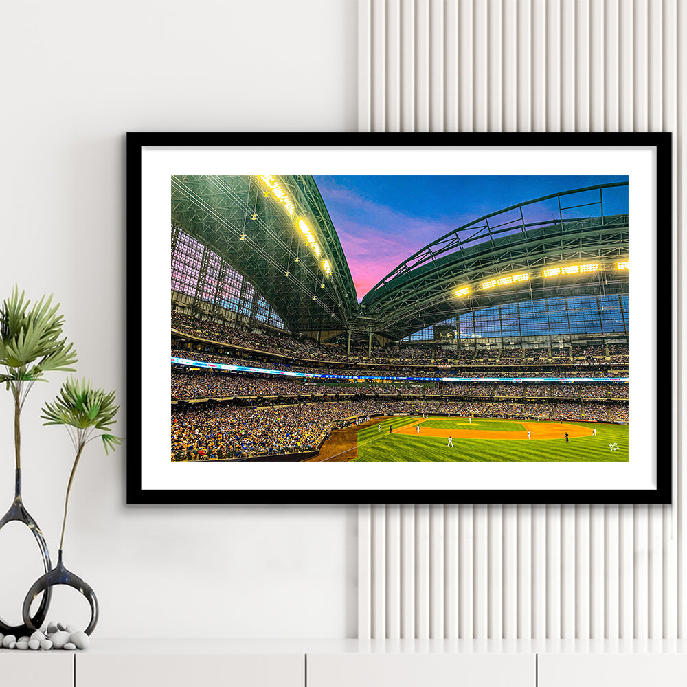 Miller Park Stadium, Stadium Canvas, Sport Art, Gift for him, White Border Framed Art Print Wall Decor