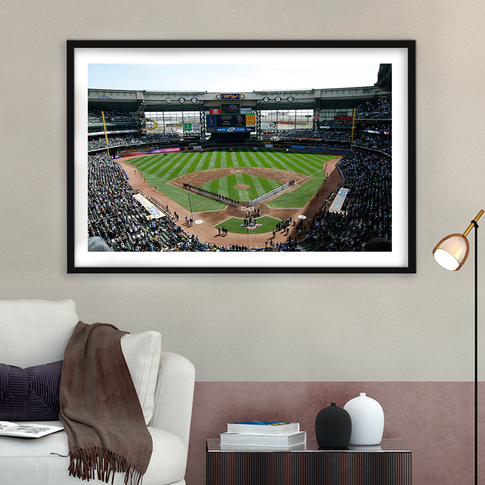 Miller Park at Bleacher View, Stadium Canvas, Sport Art, Gift for him, White Border Framed Art Print Wall Decor