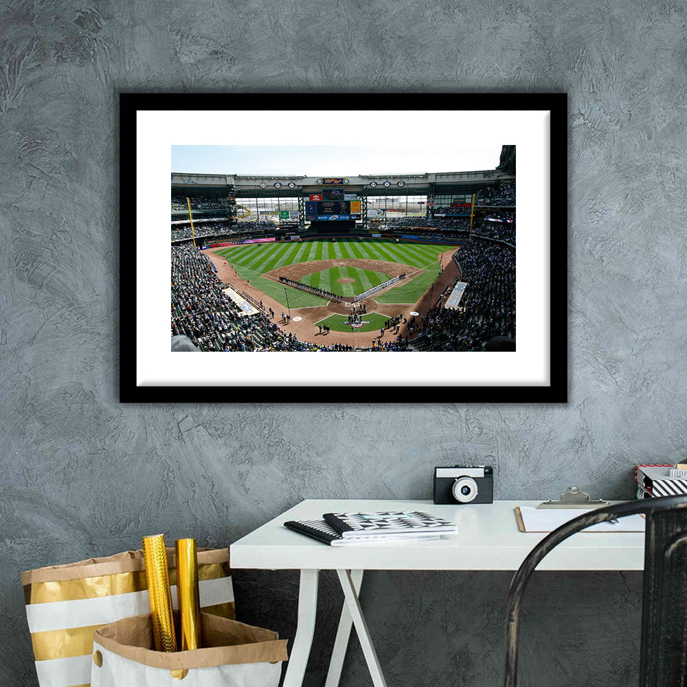 Miller Park at Bleacher View, Stadium Canvas, Sport Art, Gift for him, White Border Framed Art Print Wall Decor