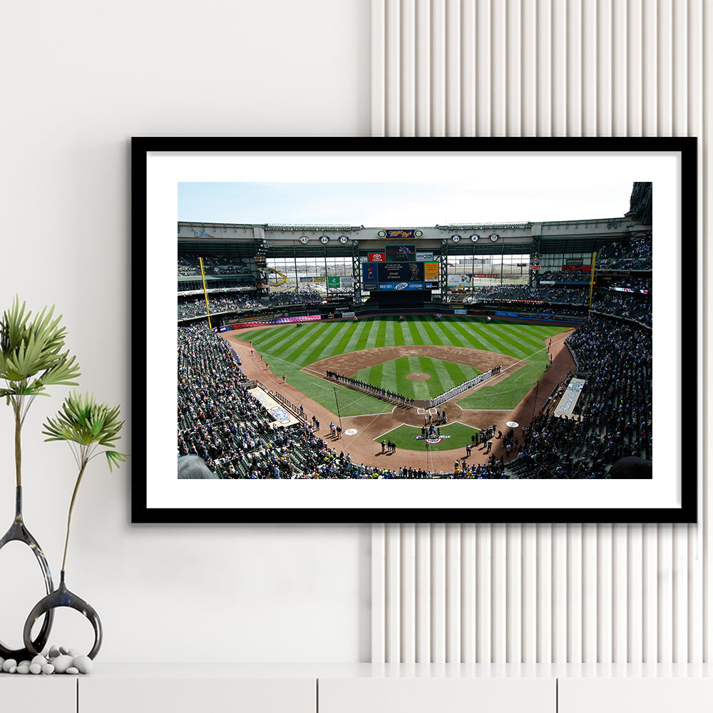 Miller Park at Bleacher View, Stadium Canvas, Sport Art, Gift for him, White Border Framed Art Print Wall Decor