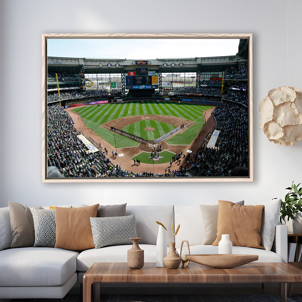 Miller Park at Bleacher View, Stadium Canvas, Sport Art, Framed Canvas Print Wall Art, Floating Frame
