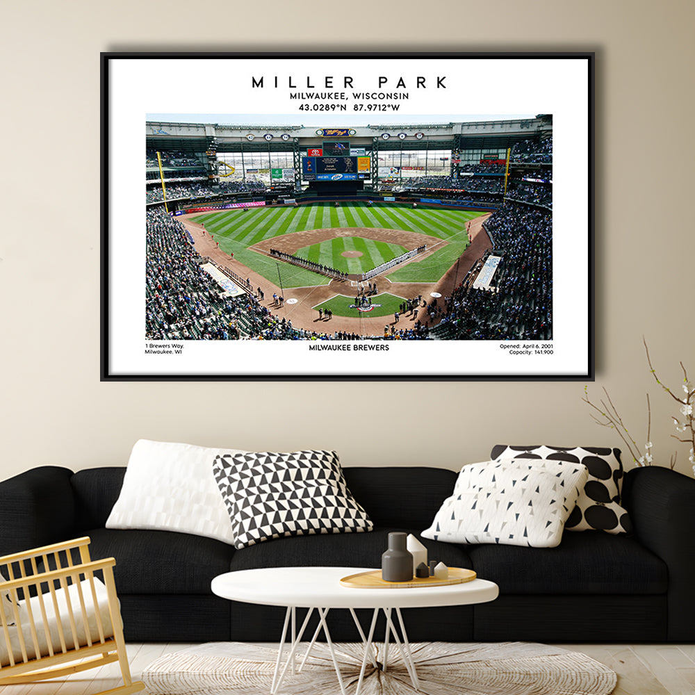 Miller Park, Milwaukee Brewers Baseball Stadium Wall Art Print, Sport Art Print, Framed Canvas Print Wall Art