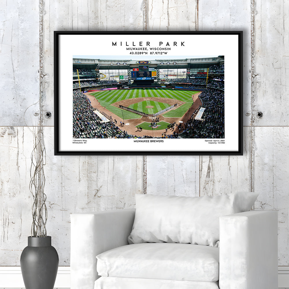 Miller Park, Milwaukee Brewers Baseball Stadium Wall Art Print, Sport Art Print, Framed Canvas Print Wall Art