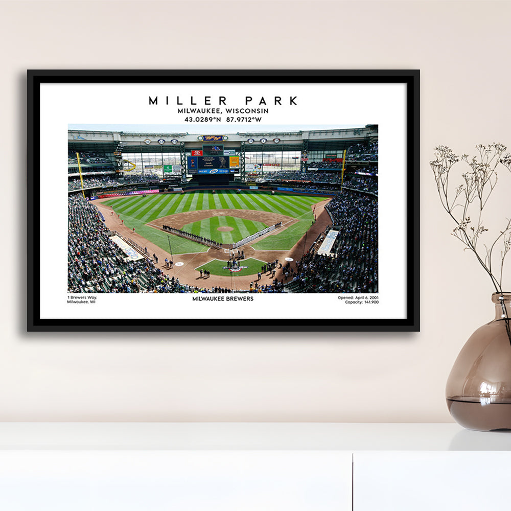 Miller Park, Milwaukee Brewers Baseball Stadium Wall Art Print, Sport Art Print, Framed Canvas Print Wall Art