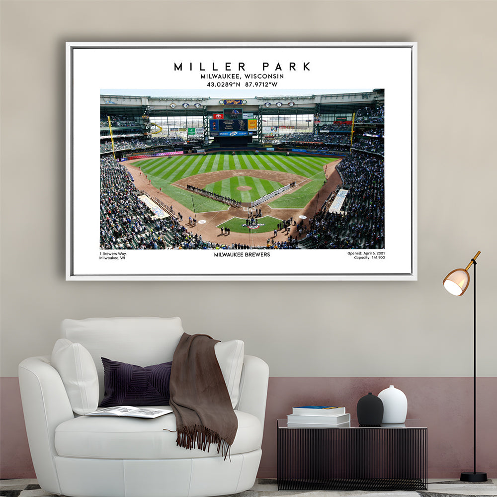 Miller Park, Milwaukee Brewers Baseball Stadium Wall Art Print, Sport Art Print, Framed Canvas Print Wall Art