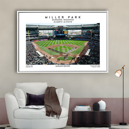 Miller Park, Milwaukee Brewers Baseball Stadium Wall Art Print, Sport Art Print, Framed Canvas Print Wall Art