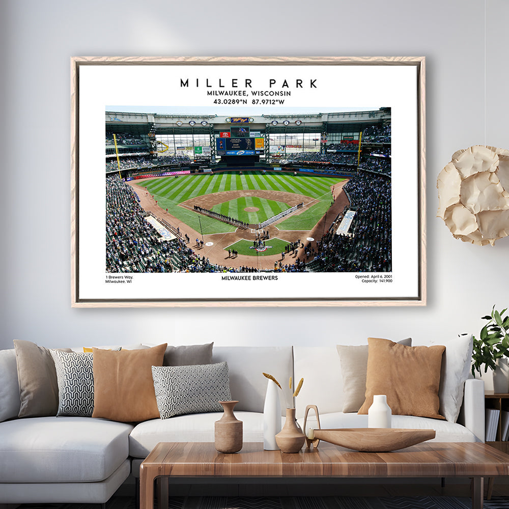Miller Park, Milwaukee Brewers Baseball Stadium Wall Art Print, Sport Art Print, Framed Canvas Print Wall Art