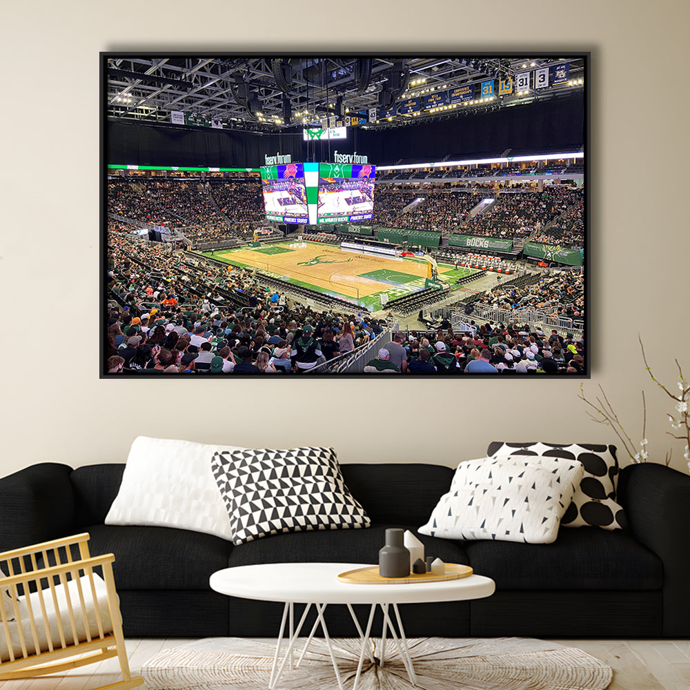 Milwaukee Bucks Fiserv Arena, Stadium Canvas, Sport Art, Framed Canvas Print Wall Art, Floating Frame