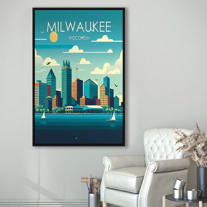Milwaukee Retro Art Print, Milwaukee City Wall Art, Floating Framed Canvas Print, Framed Picture, Painting Canvas