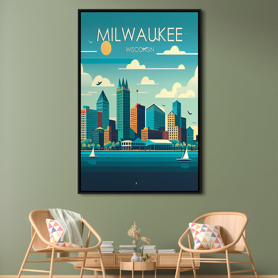 Milwaukee Retro Art Print, Milwaukee City Wall Art, Floating Framed Canvas Print, Framed Picture, Painting Canvas
