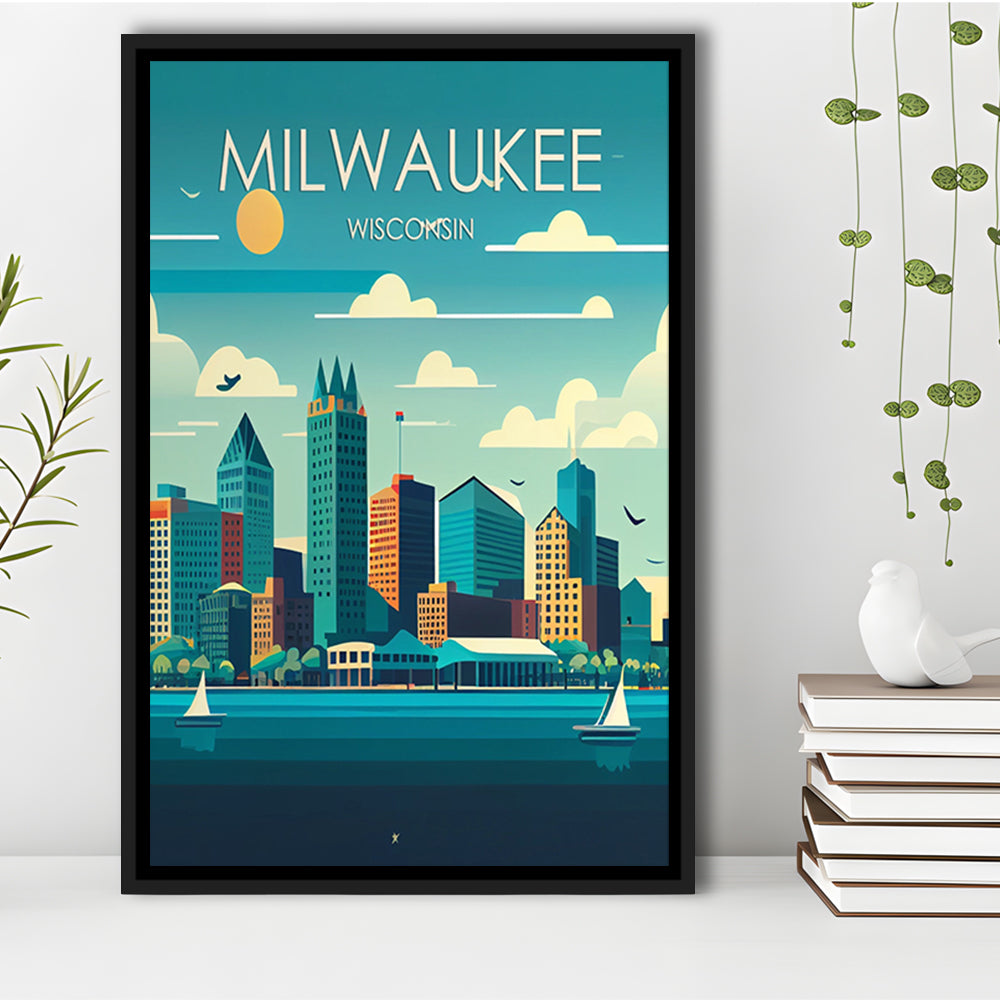 Milwaukee Retro Art Print, Milwaukee City Wall Art, Floating Framed Canvas Print, Framed Picture, Painting Canvas