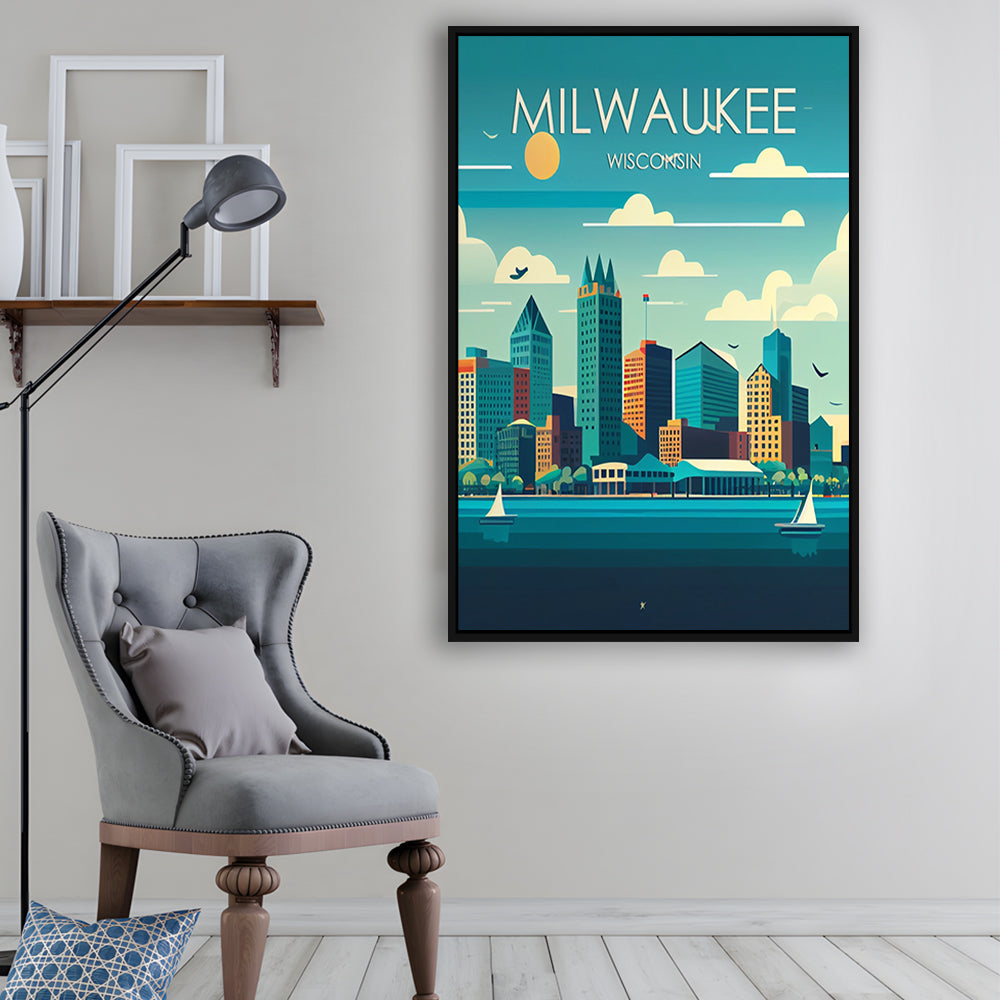 Milwaukee Retro Art Print, Milwaukee City Wall Art, Floating Framed Canvas Print, Framed Picture, Painting Canvas