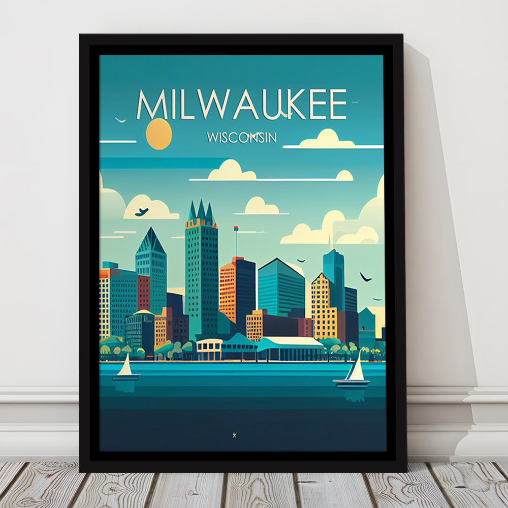 Milwaukee Retro Art Print, Milwaukee City Wall Art, Floating Framed Canvas Print, Framed Picture, Painting Canvas
