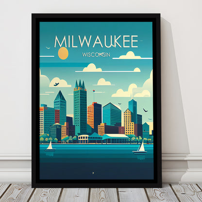 Milwaukee Retro Art Print, Milwaukee City Wall Art, Floating Framed Canvas Print, Framed Picture, Painting Canvas
