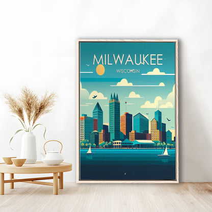 Milwaukee Retro Art Print, Milwaukee City Wall Art, Floating Framed Canvas Print, Framed Picture, Painting Canvas