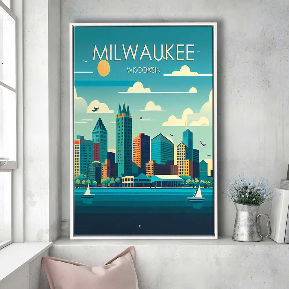 Milwaukee Retro Art Print, Milwaukee City Wall Art, Floating Framed Canvas Print, Framed Picture, Painting Canvas