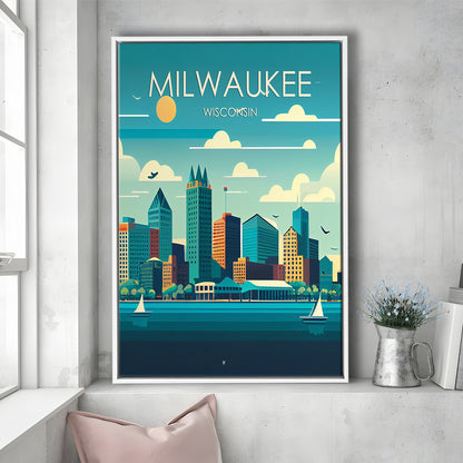 Milwaukee Retro Art Print, Milwaukee City Wall Art, Floating Framed Canvas Print, Framed Picture, Painting Canvas