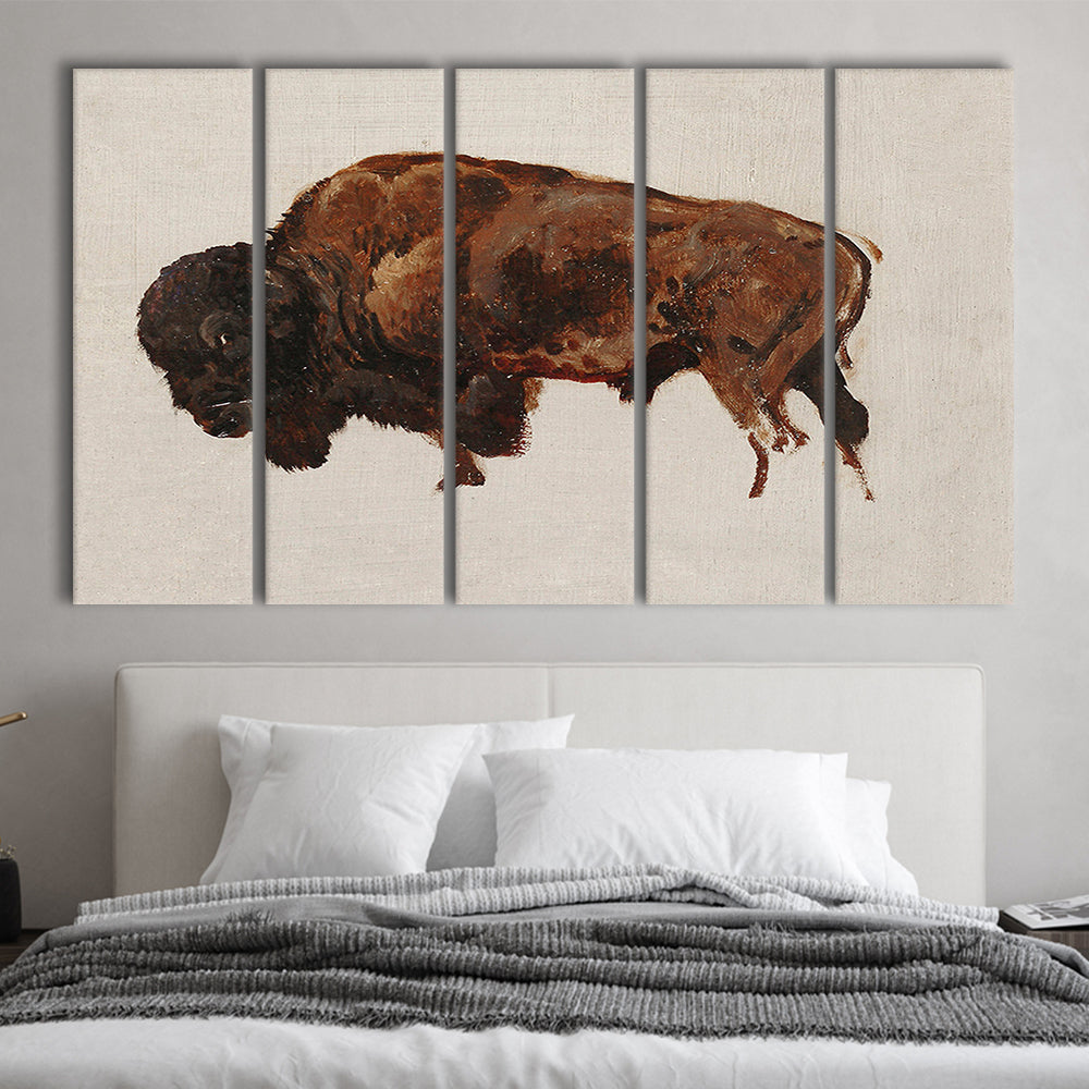 Minimalist Buffalo 5 Panels Canvas Print Wall Art, Vintage Bison Oil Painting Yellowstone Buffalo Wall Art, American Bison
