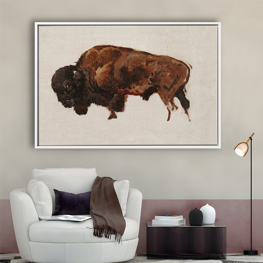 Minimalist Buffalo Framed Canvas Print Wall Art, Vintage Bison Oil Painting Yellowstone Buffalo Wall Art, American Bison